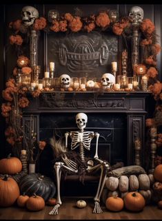 a skeleton sitting in front of a fireplace with candles and pumpkins around the fire place