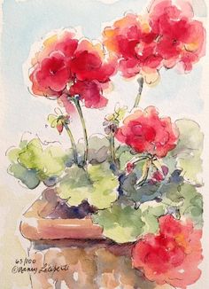 watercolor painting of red flowers in a pot