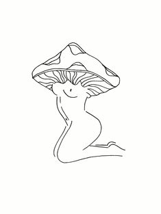 a black and white drawing of a woman with a mushroom on her head