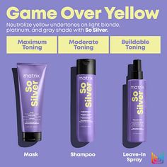 What it DoesSo Silver Conditioner is a non-color depositing hydrating conditioner that uses targeted nutrition technology to hydrate dry and porous hair, leaving it shiny and healthy while helping to maintain blonde, platinum and grey hair. So Silver Conditioner locks in freshly neutralized tones after using the So Silver Shampoo. The Matrix So Silver collection includes the Shampoo, Conditioner, Mask and Toning Spray. It is designed for blonde levels 8-10+. The products feature a fragrance with Blonde Levels, Blonde And Grey Hair, Toning Hair, Blonde Platinum, Porous Hair, Brassy Hair, Silver Mask, Silver Shampoo, Toning Shampoo