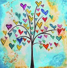 a painting with many hearts on it and a tree in the middle is painted blue, yellow