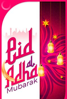 eid al adha mubarak greeting card with hanging lanterns and stars on pink background