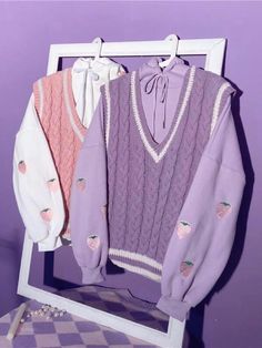 Strawberry Hoodies-Sets-ntbhshop Anak Haiwan, Kawaii Fashion Outfits, Cute Embroidery, Purple Love, Mode Chic, Vest Shirt, Kawaii Clothes, 여자 패션, Character Outfits