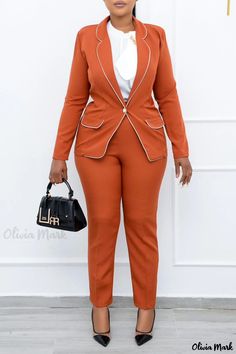 Olivia Mark - Womens Tangerine Work Blouse and Skirt Set with Sophisticated Patchwork Accents and Elegant Turn-Back Collar. Office Wear Sets With Pockets And Long Sleeves, Long Sleeve Sets With Pockets For Office, Elegant Orange Blazer With Notch Lapel, Elegant Formal Sets With Pockets, Elegant Tailored Orange Blazer, Workwear Sets With Suit Collar And Pockets, Solid Color Office Wear Sets, Elegant Semi-formal Sets With Pockets, Elegant Solid Color Sets For Workwear