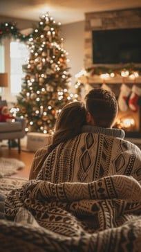 two people sitting in front of a christmas tree