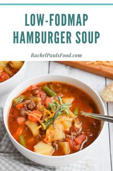 Low-FODMAP Hearty Hamburger Soup; Gluten-free, Dairy-free | Rachel Pauls Food Easy Low Fodmap Lunch, Low Fodmap Pork Recipes, Easy Low Fodmap Recipes Dinners, Low Fodmap Elimination Phase, Low Food Map Recipes, Low Fodmap Soup, Fodmap Soups, Fodmap Soup, Fodmap Diet Food Lists