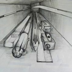 this is a pencil drawing of some train tracks