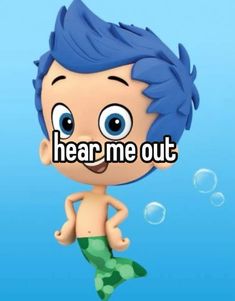 a cartoon boy with blue hair and big eyes is floating in the water while wearing a green