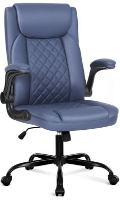 a blue office chair with black base and arms