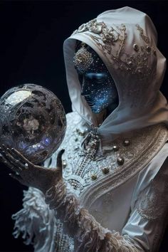 a person dressed in white holding a crystal ball and wearing a hooded jacket with hood on