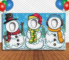 three snowmen with hats and scarfs are standing in the snow, surrounded by balloons