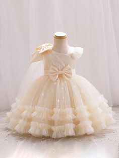 Asymmetric Sleeve Cape Decor Bow Accent Tulle Party Dress For Baby Girls, Birthday Champagne   Short Sleeve Polyester Animal,Plants Fit and Flare Non-Stretch  Baby Girls Clothing, size features are:Bust: ,Length: ,Sleeve Length: Birthday Champagne, Tulle Party Dress, Mesh Gown, Dress For Baby, Hand Work Embroidery, Baby Gown, Fabric Animals, Girls Birthday, Lace Ruffle