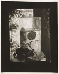 black and white photograph of a vase with flowers in it, sitting on a table