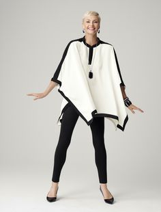 Style Cue: Fabulous women agree: Run, don’t walk (even in your heels) to grab the new #mod poncho in graphic black and white. It’s what we like to call “killer.” #Fall #chicos #WildAbout30 Chicos Fashion, Outfits For Women Over 50, White Poncho, Good Evening, Fashion Over 50, Pants Jeans, Swans