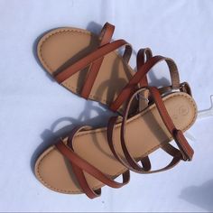 Nwt Brown Leather-Like Strappy Sandals. Size 4. Brown Strappy Summer Sandals, Trendy Brown Strappy Sandals, Trendy Adjustable Brown Sandals, Trendy Brown Adjustable Sandals, Brown Strappy Synthetic Sandals, Sandals Flip Flops, Cat & Jack, Strappy Sandals, Flip Flop Sandals