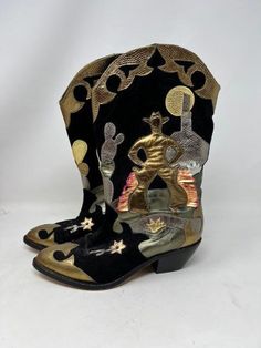 Here is a pair of fantastic statement boots! Very well made leather western cowboy boots made in Spain. Very lightly used. Novel iridescent leather made into a desert scene with cowboy, moon and cactus. Boots are marked Made in Spain Size 6M Gold Leather Western Boots, Western Gold Boots For Rodeo, Cactus Boots, Moon Cactus, Statement Boots, Desert Scene, Cowboy Cowgirl, Western Leather, Cowboy And Cowgirl