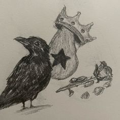 a drawing of two birds with crowns on their heads, one is black and the other is gray