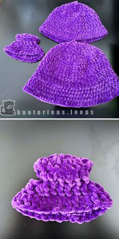 crocheted beanie hats are shown in two different colors and sizes, one is purple