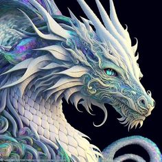 a white dragon with blue eyes on a black background is featured in this artistic photo