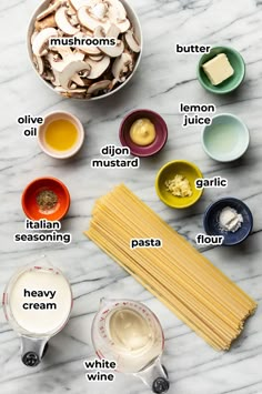 ingredients to make pasta on a marble countertop with the names in italian and english