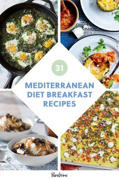 the collage shows different types of mediterranean diet breakfasts, including eggs and vegetables