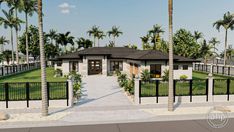 this is an artist's rendering of the front entrance to a house in palm trees