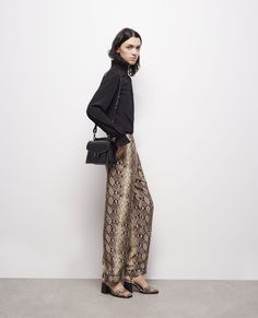 Snakeskin print pants for women | The Kooples - US Snake Pants Outfit, Snake Skin Outfit, Silk Pants Outfit, Snake Print Outfit, Snake Pants, Printed Pants Outfits, Snake Print Pants, Black Silk Blouse, Print Pants