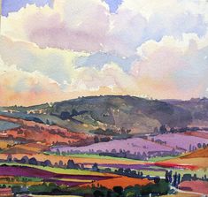 watercolor painting of rolling hills and clouds