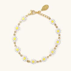 White Daisy Bracelet Dainty Golden Bracelet Stainless Steel with 14k gold plating Waterproof Great For Stacking or Wearing Alone 6" w/ a 2.5" Extender Nikki Smith Designs Daisy Anklet, White Yellow Flowers, Daisy Charm, Daisy Bracelet, Yellow Daisies, Dainty Bracelet, Acrylic Flowers, Waterproof Jewelry, Dainty Bracelets