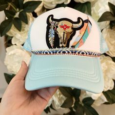 Hi! This Is A Custom Designed Trucker Hat By Me! Blue Summer Trucker Hat, Blue Trucker Hat For Vacation, Trendy Blue Trucker Hat For Vacation, Summer Blue Snapback Trucker Hat, Blue Snapback Trucker Hat For Summer, Blue Trucker Hat For Spring Vacation, White Trucker Hat For Summer Rodeo, Casual Baseball Cap For Summer Rodeo, Summer Casual Baseball Cap For Rodeo