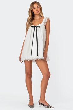 Rayne Lacey Babydoll Mini Dress – edikted Babydoll White Dress, Sabrina Concert Outfit, Short And Sweet Tour Outfits, Hoco Dresses Aesthetic, Baby Doll Dress Outfit, Babydoll Aesthetic Outfits, Babydoll Dress Aesthetic, Lace Pjs, Sabrina Carpenter Dress