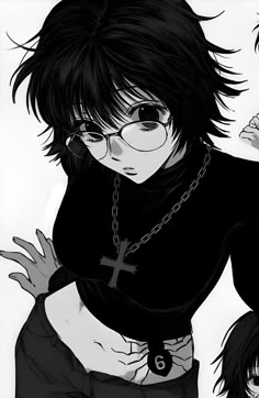 an anime character with black hair, glasses and a cross on his shirt is posing for the camera