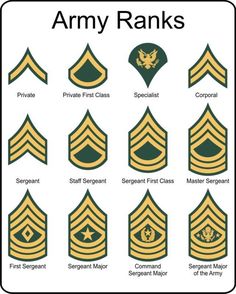 army rank insignias are shown in green and gold