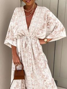 New Boho Print Short Sleeve Women Dress Drawstring Waist Summer V Neck Loose Dress Sexy Split Folds Robe Dress Vintage Vestidos Tie Up Dress, Long Dress Casual, Boho Print, Maxi Dresses Casual, Loose Dress, Stretch Dress, Sleeves (women), How To Look Classy, Casual Look