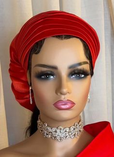 This is a hand made ready to wear African head  scarve . Elegant Winter Headscarf, Elegant Red Headwrap For Wedding, Elegant Red Headwrap, Elegant Red Headscarf One Size, Elegant Party Headscarf Headband, Elegant Party Headband Headscarf, Elegant Red One-size Scarves, African Head Wraps, Turbans