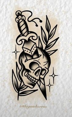 a skull with a dagger and dice tattoo design on it's side, in black ink