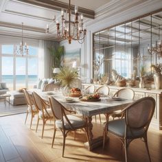 a dining room with a table and chairs in front of large windows overlooking the ocean