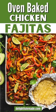 chicken fajitas with peppers, cilantro and avocado on the side