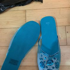 New Aqua Blue Flip On Slippers Blue Round Toe Slippers For Spring, Blue Open Toe Synthetic Slippers, Blue Flat Slippers For Spring, Blue Synthetic Slippers For Spring, Blue Slip-on Slippers For Spring, Blue Synthetic Slippers With Round Toe, Blue Synthetic Closed Toe Slippers, Blue Closed Toe Synthetic Slippers, Disney Slippers