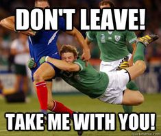 two soccer players colliding over each other on the field with caption that reads, don't leave take me with you