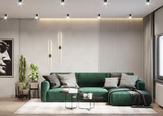 a living room with green couches and white rugs