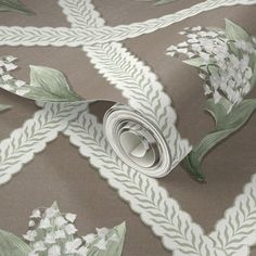 a wallpaper with white flowers and green leaves on brown background, in the style of art nouveauism