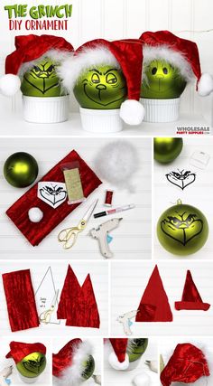 the grinch christmas ornament is made with green and red materials, including santa's hats