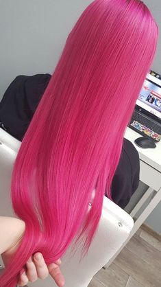 Hot Pink Hair Aesthetic, Pink Color Hair, Dark Pink Hair, Long Pink Hair, Pink Hair Dye, Hair Color Streaks