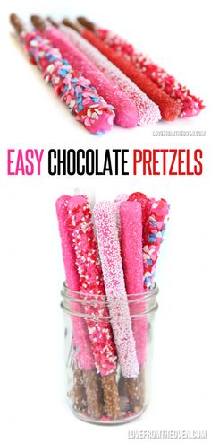 easy chocolate pretzels in a jar with sprinkles