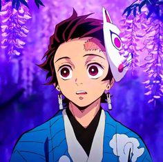 an anime character with red hair and big eyes in front of purple flowers, looking at the camera