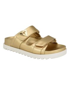 in stock Gold Slide Footbed Sandals With Buckle Closure, Gold Slide Footbed Sandals With Buckle, Spring Gold Footbed Sandals With Buckle Closure, Gold Open Toe Slides With Buckle Closure, Gold Footbed Sandals With Buckle Closure For Summer, Gold Flat Slides For Vacation, Gold Open Toe Slides For Spring, Casual Gold Sandals With Textured Footbed, Gold Buckle Closure Slip-on Sandals