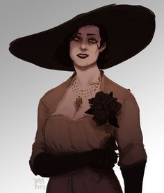 a drawing of a woman wearing a large hat and holding a flower in her hand