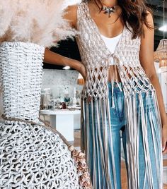 Handmade Macrame Vest | Cover Up One size (fits S-L) Wear it and feel like a boho princess 👑 Walk around the streets with a flowy jumpsuit, midi or maxi dress, and Andreina vest will be a layering piece that will make you stand out from the crowd! Vacay days at a Caribbean beach resort? Andreina vest will add the resort vibes to most of your outfits...and yes! You can style it with your favorite swimsuit or bikini. Care instructions: Use Andreina vest many times before having to wash it. Steam Macrame Blouse, Macrame Party, Paracord Bag, Macrame Vest, Sofa Boho, Resort Vibes, Macrame Clothes, Boho Princess, Flowy Jumpsuit