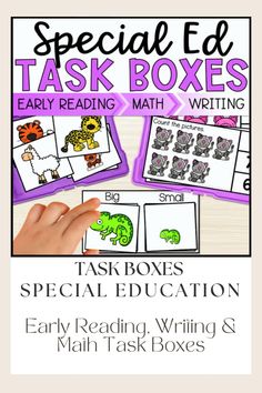 the task boxes for special education with text reading and matching pictures to help students learn how to